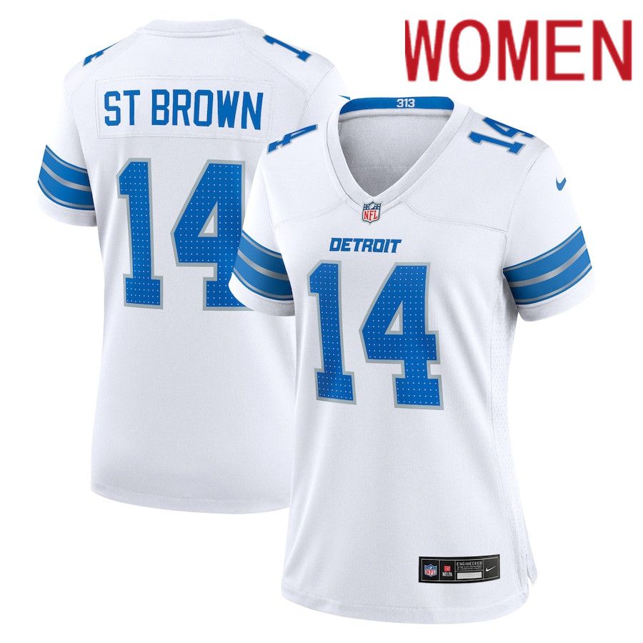 Women Detroit Lions #14 Amon-Ra St. Brown Nike White White Game NFL Jersey